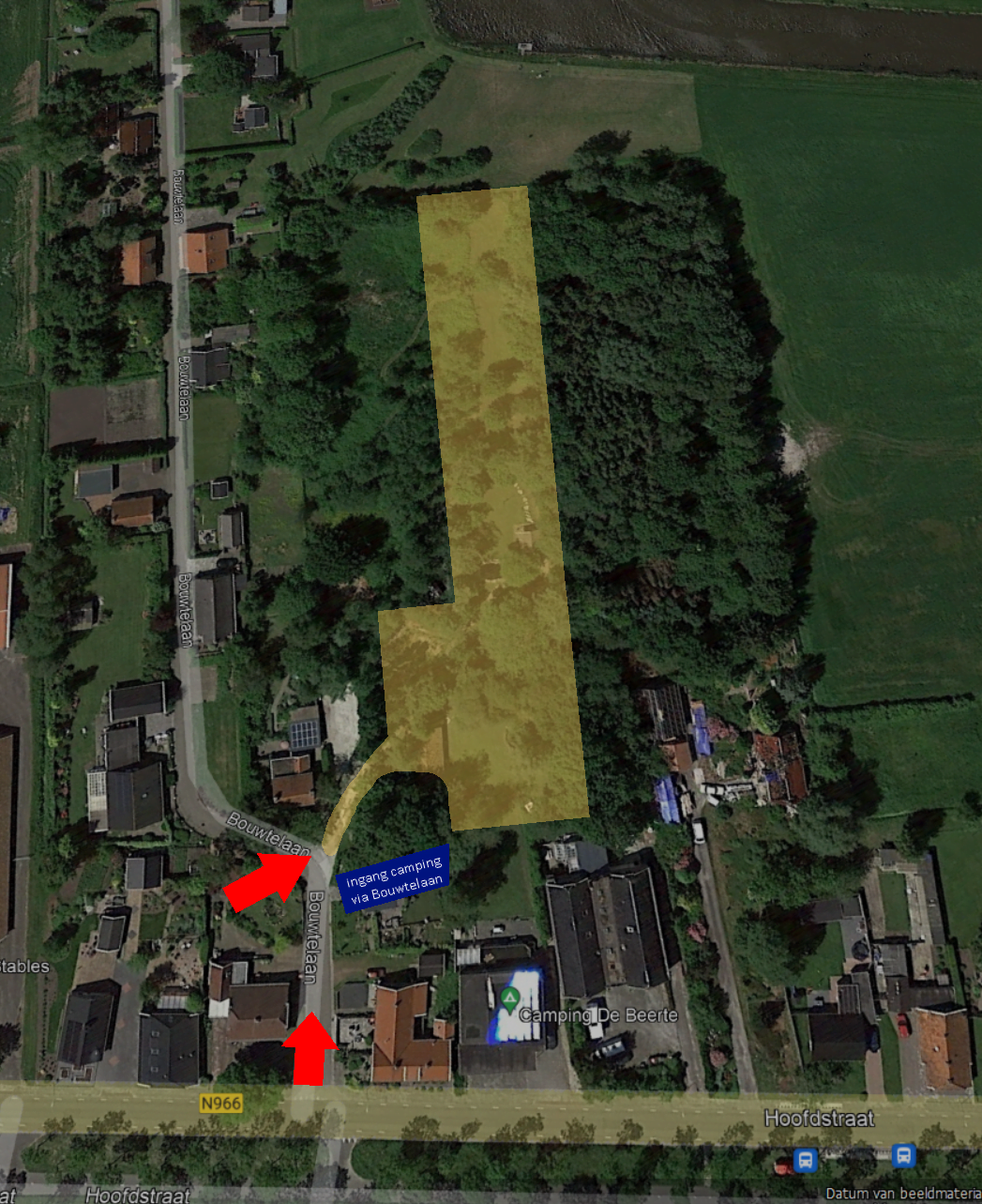 Luchtfoto met de route naar Camping De Beerte, ingang via de Bouwtelaan